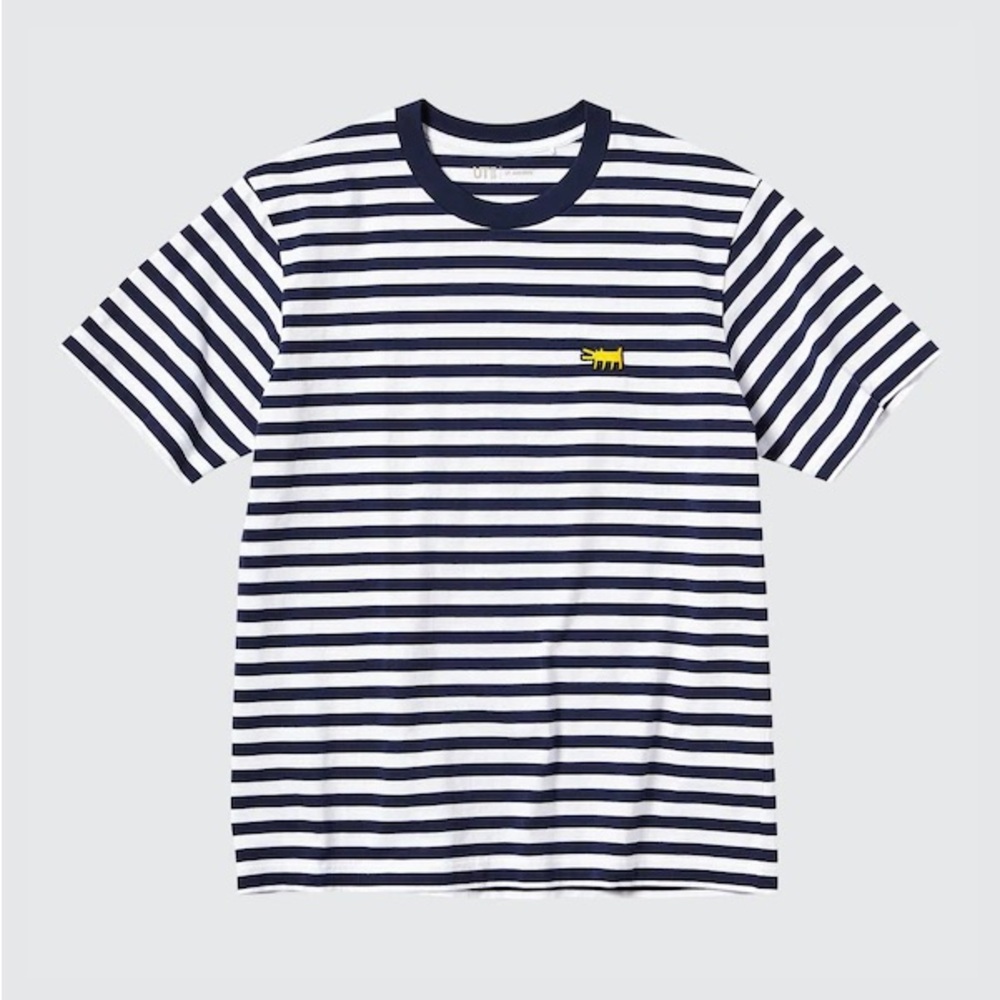 Uniqlo x Kieth Harring Navy Striped Men's Shirt w/ embroidered Design